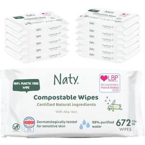Naty Baby Wipes Aloe | 98% Water, Hypoallergenic & Natural for Sensitive Skin | Unscented, Plant-Based, Fragrance-Free | Plastic-Free & Compostable | Newborn & Toddler Wipes | 672 Count (12 Packs)