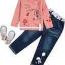 MAXIMGR Toddler Girl Clothes Baby Girl Outfits Cute Long Sleeve Cartoon Top + Jeans Pants Fall Winter Girls Clothing Sets (5T, Pink Orange)