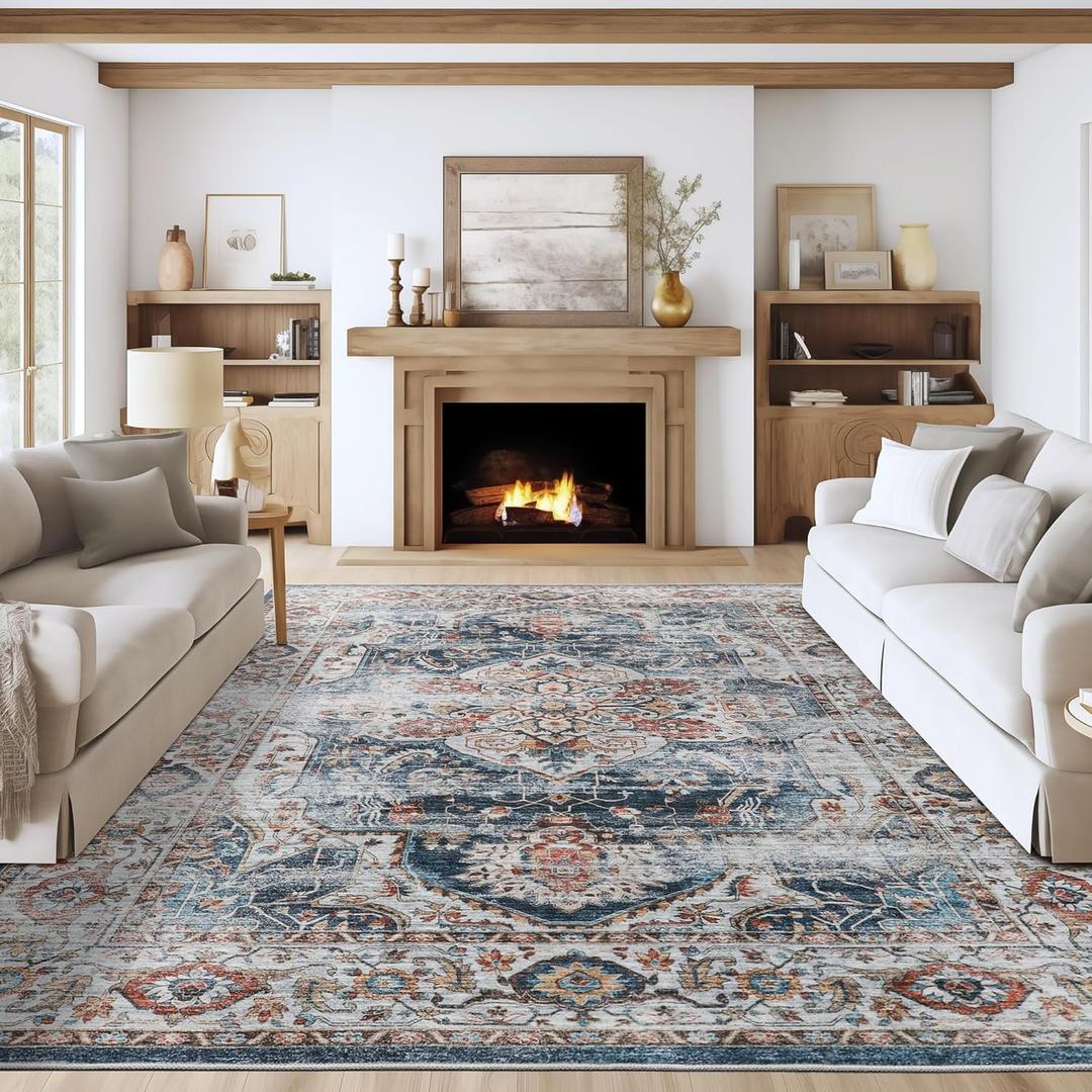9x12 Area Rug,Ultra-Thin Washable Rugs for Living Room,Non-Slip Lightweight Foldable Area Rug,Stain Resistant Vintage Large Rugs (Navy,9'x12') (9' x 12' (Rectangular))