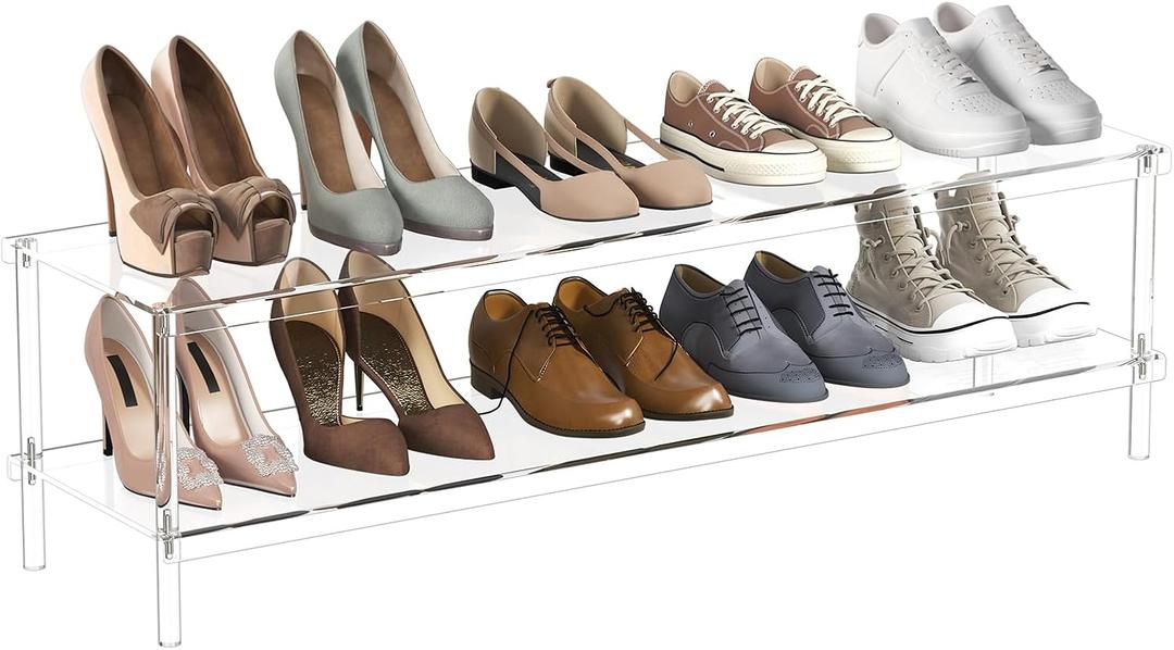 Aquiver Acrylic Long Shoe Rack - 2 Tier Shoe Organizer for Closet- Wide Shoe Shelf Clear Shoes Rack for Entryway, 42.7'' L x 11.8'' W x 12.2'' H, Easy Assembly & Clean