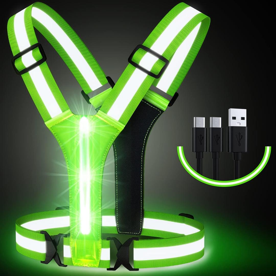 Simket Led Reflective Vest Running Gear, High Visibility Reflective Running Gear Rechargeable Adjustable Led Running Vest, Safety Night Running Gear for Men Women, (Green)