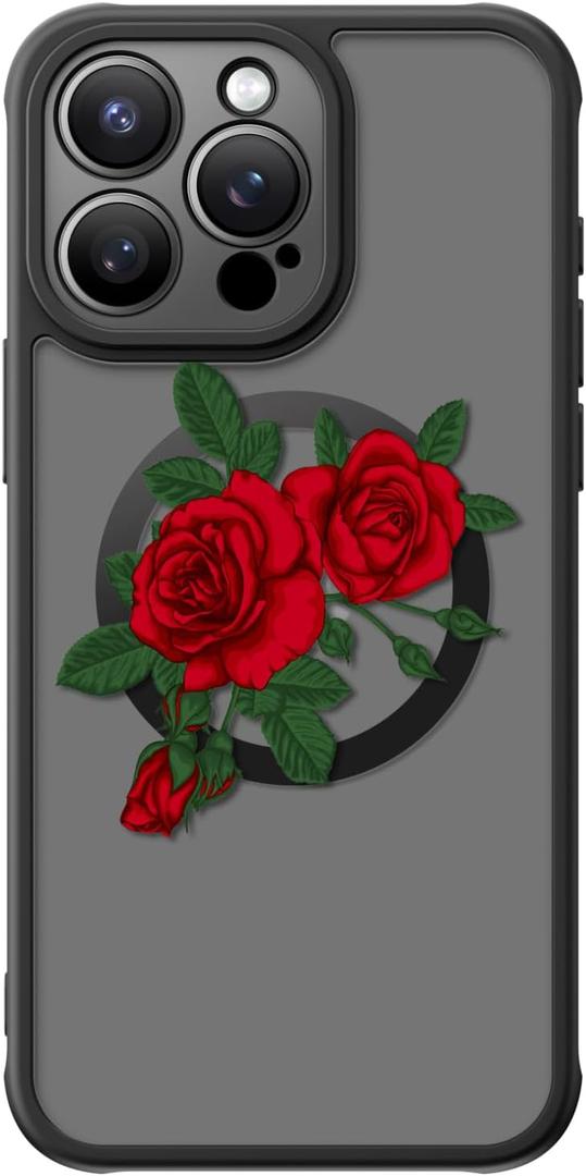 FUNMIKO for iPhone 14 Pro Case Military-Grade Protection & Wireless Charging - Trendy Floral Design for Women Girls, Non-Slip Matte Phone Cover with Shockproof Corners - Blooming Red Rose