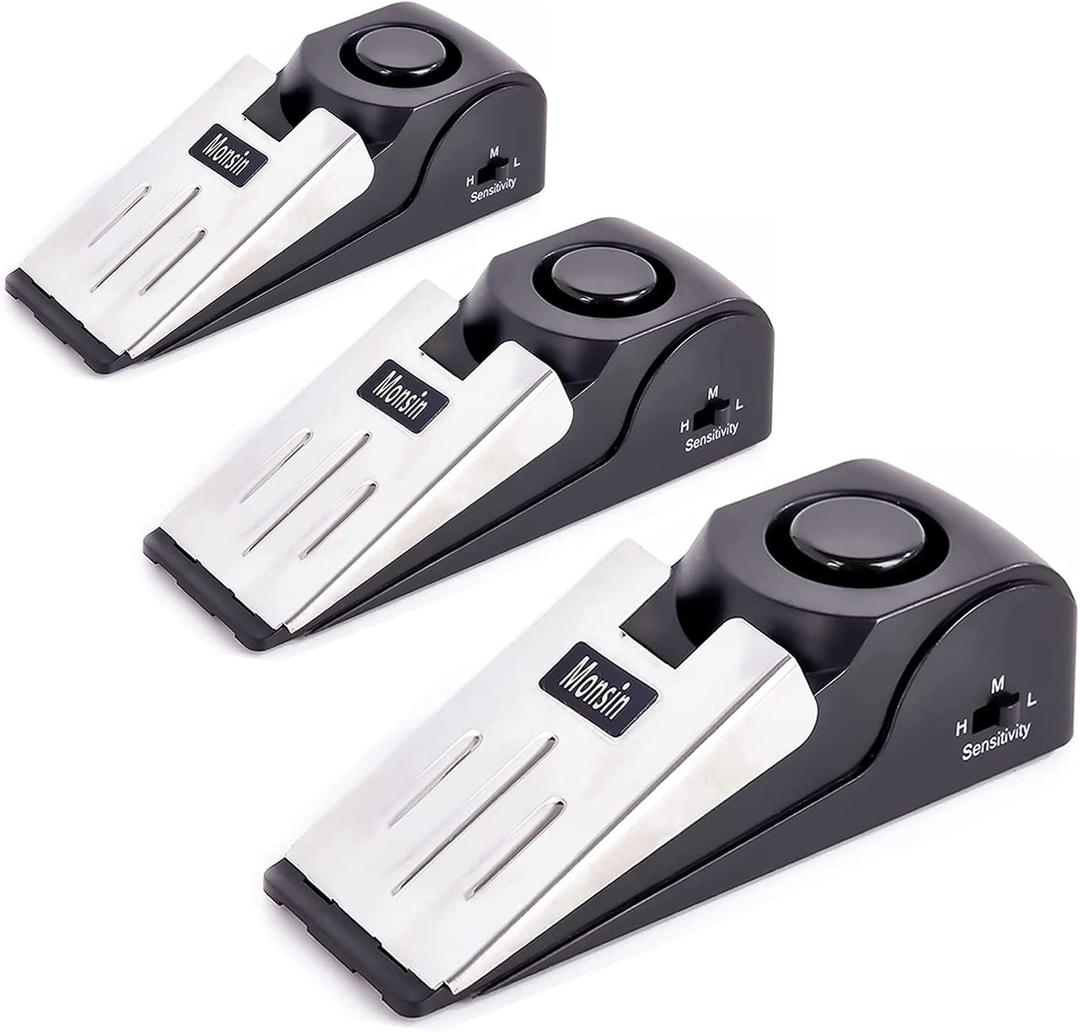 Door Stop Alarm, Door Stopper with 120DB Security Alarm, Floor Wedge Doorstop for Travel Apartment Home House (Pack of 3) (Black)