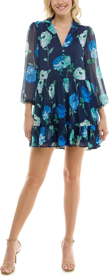 Women's Notch Collar Long Sleeve Baby Doll Mini Dress (12, Navy Aqua)