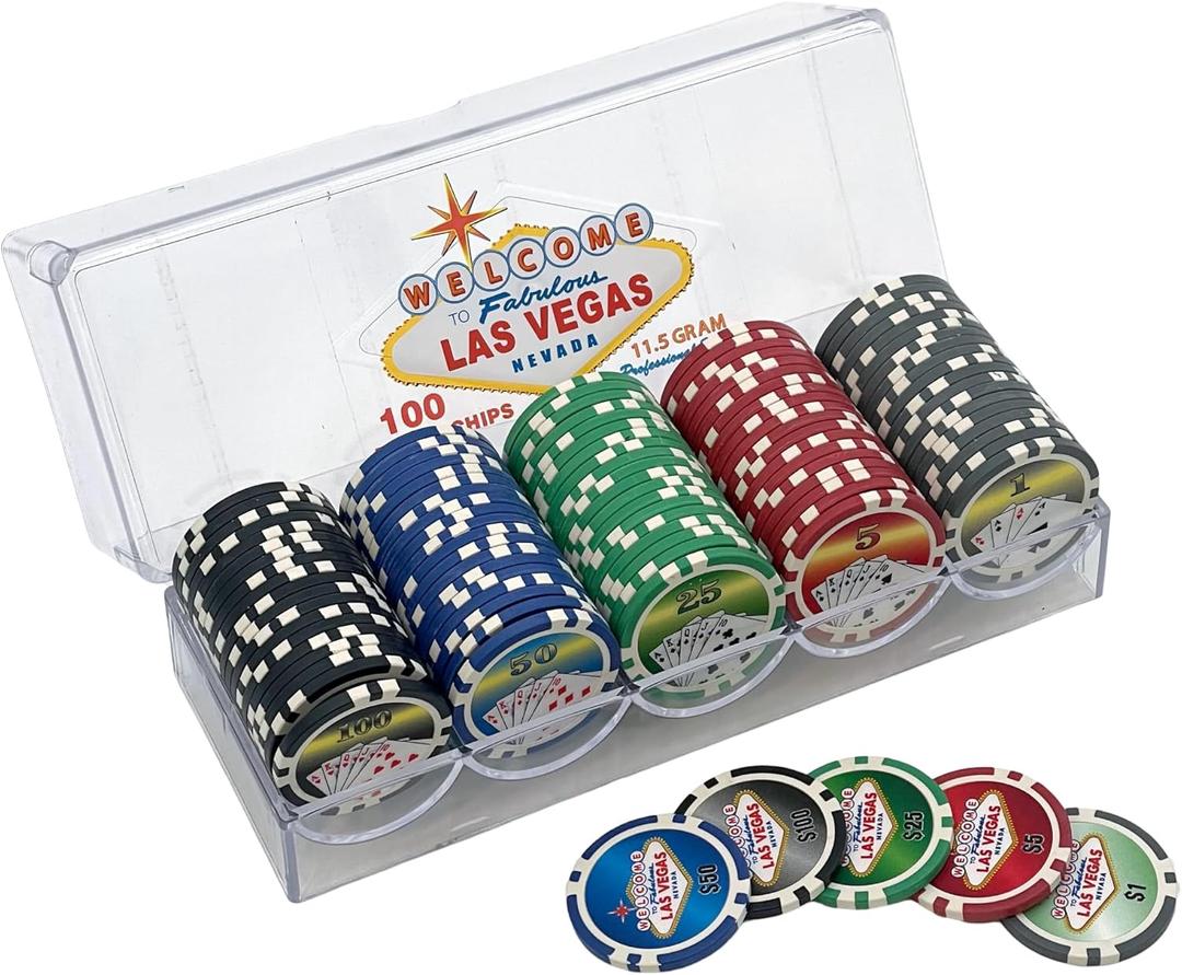 100 Piece Las Vegas Design Poker Chips in Clear Plastic Tray 100 Piece Las Vegas Design Poker Chips in Clear Plastic Tray