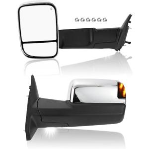 Motoforti Tow Mirrors, Chrome Plated Manual Folding Trailer Towing Side Mirrors, for Dodge for Ram 1500 2009-2012 for Ram 2500 3500, Turn Signal Light Puddle Lamp Power Heated, 1pair