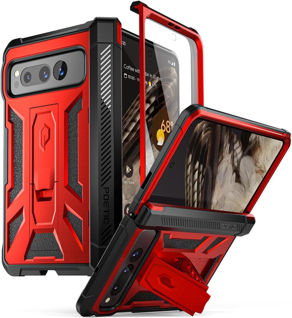 Poetic Spartan Case for Google Pixel Fold 5G,[Hinge Protection][Kickstand][Mil-Grade Protection] Full-Body Hybrid Shockproof Protective Rugged Cover with Built-in Screen Protector, Metallic Red
