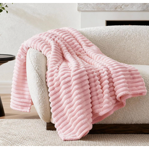 Pink Fuzzy Blanket, Blanket for Couch, Soft Lightweight Ribbed Plush Blanket for Sofa and Bed, All-Season Cozy Striped Throw 90x90 inches