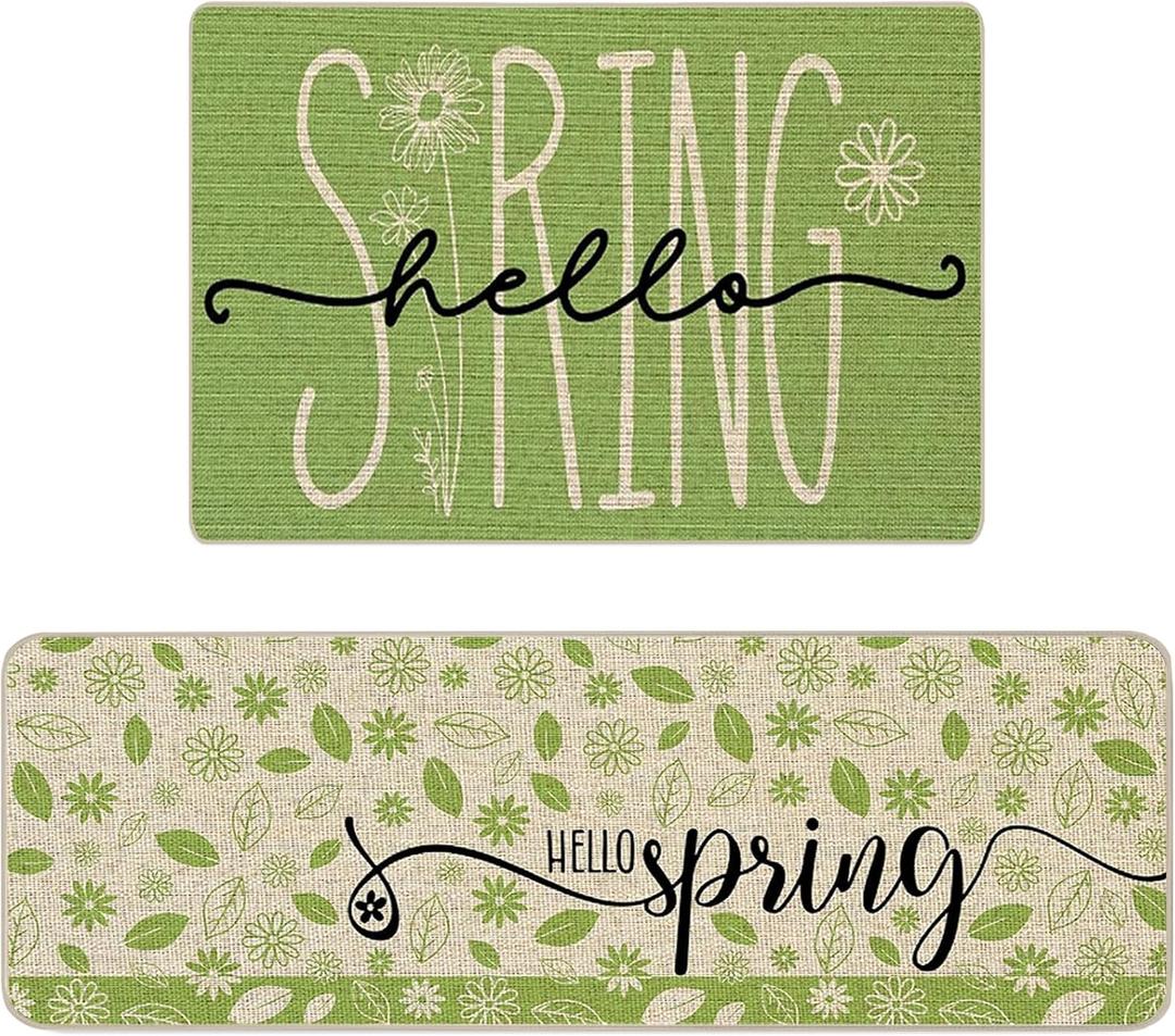 Spring Kitchen Mats Set of 2 Spring GreenFloral Kitchen Rugs Non Slip Washable Kitchen Sink Floor Mat Low Profile Absorbent Fatigue Mats for Standing 16x24 and 16x45.5 Inch (Green)