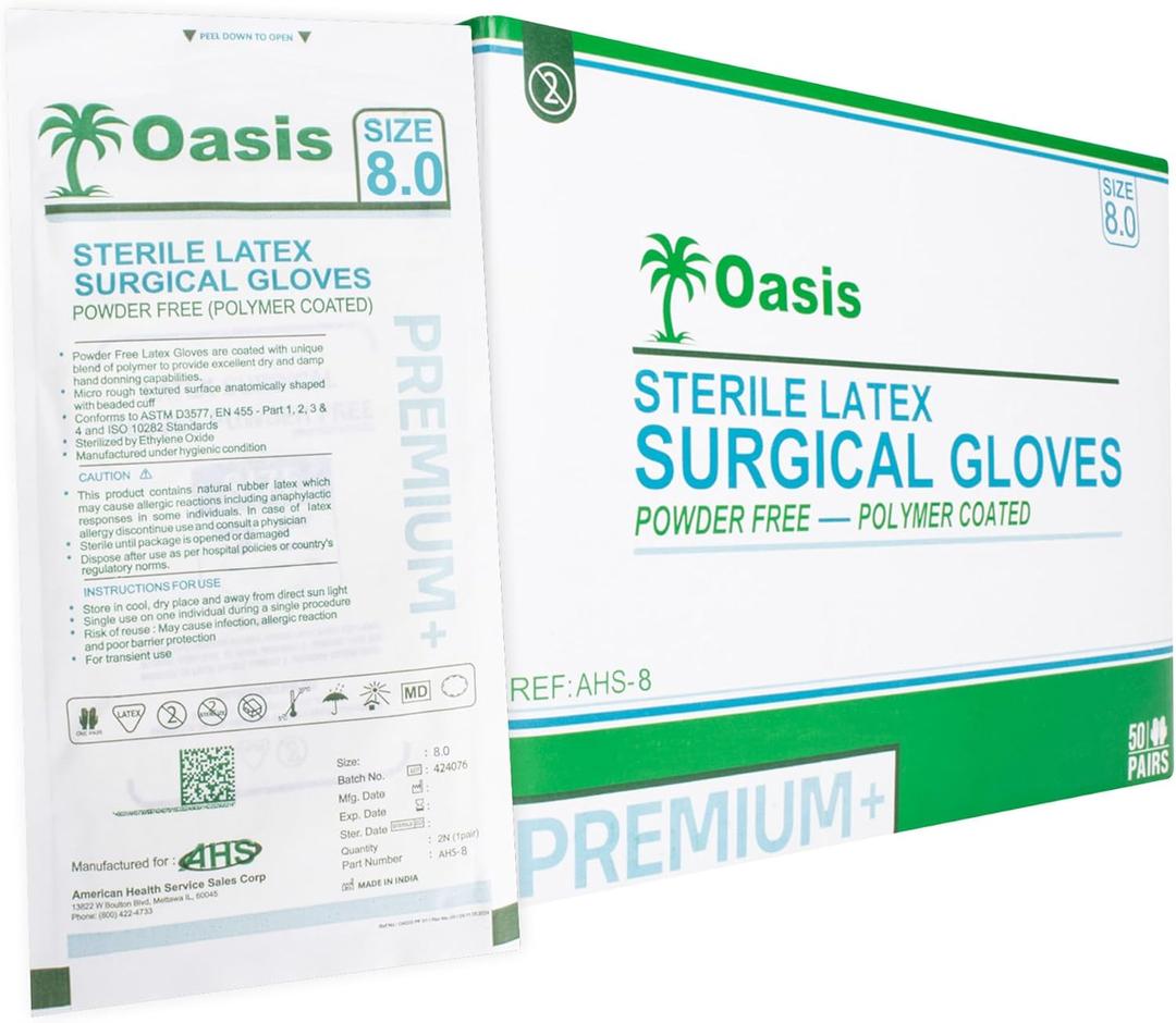 Generic Powder Free Latex Surgical Gloves, Size 8, 50 Pairs/Box