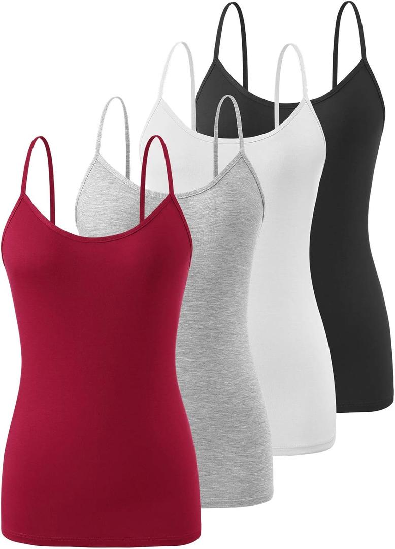 Air Curvey 4 Pack Camisole Tops for Women Basic Undershirt Tanks Adjustable Spaghetti Straps Camis Seamless Soft Layering Top (X-Large, Black White Gray Red)