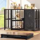 JUNEU 42'' Dog Crate Furniture, No Assembly Dog Kennel Indoor, Collapsible Heavy Duty Dog Crate for Medium/Large Dog(35-60 lb), Wooden Corner Dog Crate with Wheels & Adjustable Bowl Holders