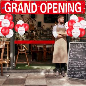Lewtemi 42 Pieces Grand Opening Decorations Kit Includes 1.5 x 9.8 ft Grand Opening Banner 40 Balloons and Satin Ribbon for Events Inaugurations Ceremonies(Red, White)