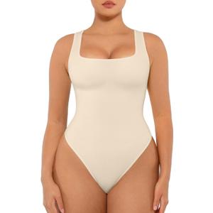 FeelinGirl Bodysuits for Women Seamless Square Neck Tummy Control Compression Thong Shapewear Bodysuit Tank Tops Bodysuit (Medium-Large, Buttercream)
