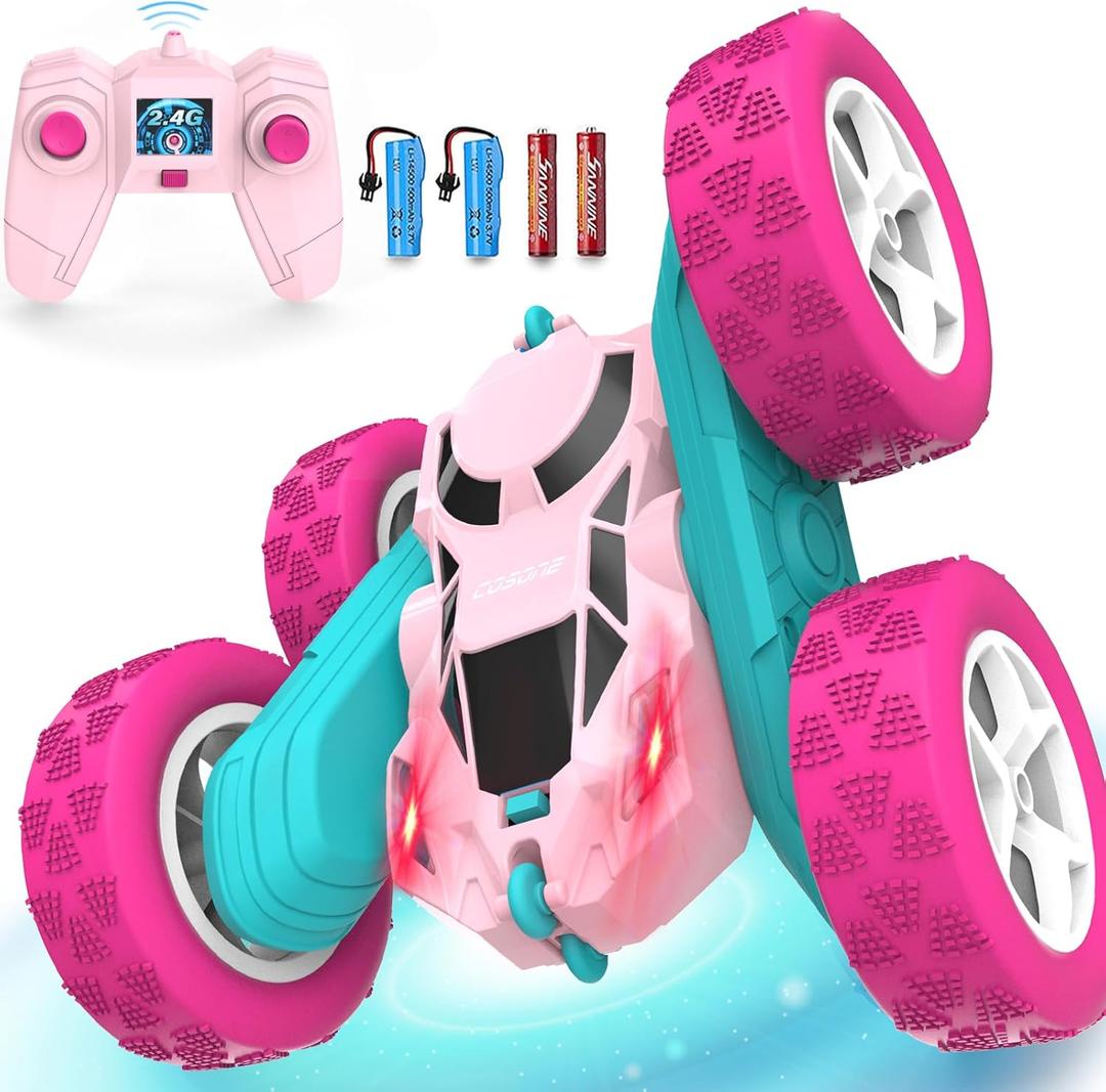 cosone Pink Remote Control Car for Girls - RC Stunt Cars with 4WD Double-Sided Driving 360 Flips Rotating, Off Road Remote Car Outdoor Toys for Kids Age 6 7 8-12, Christmas Birthday Gifts