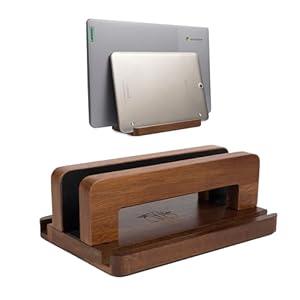 S&A WOODCRAFT 3 Slots Bamboo Wood Vertical Laptop Stand, Adjustable Wooden Laptop Holder, Non-Slip Laptop Dock Compatible with Apple MacBook, Microsoft Surface, Gaming Laptops, IPad, Tablets