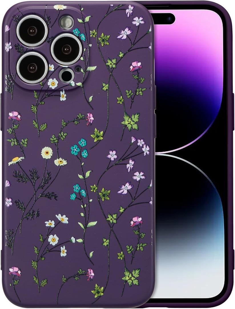 RALEAVO Floral Case for iPhone 14 Pro,Liquid Silicone Cover with Cute Flower Branch Pattern for Girls Women Slim Soft Rubber Protective Phone Case for iPhone 14 Pro (6.1"),Dark Purple
