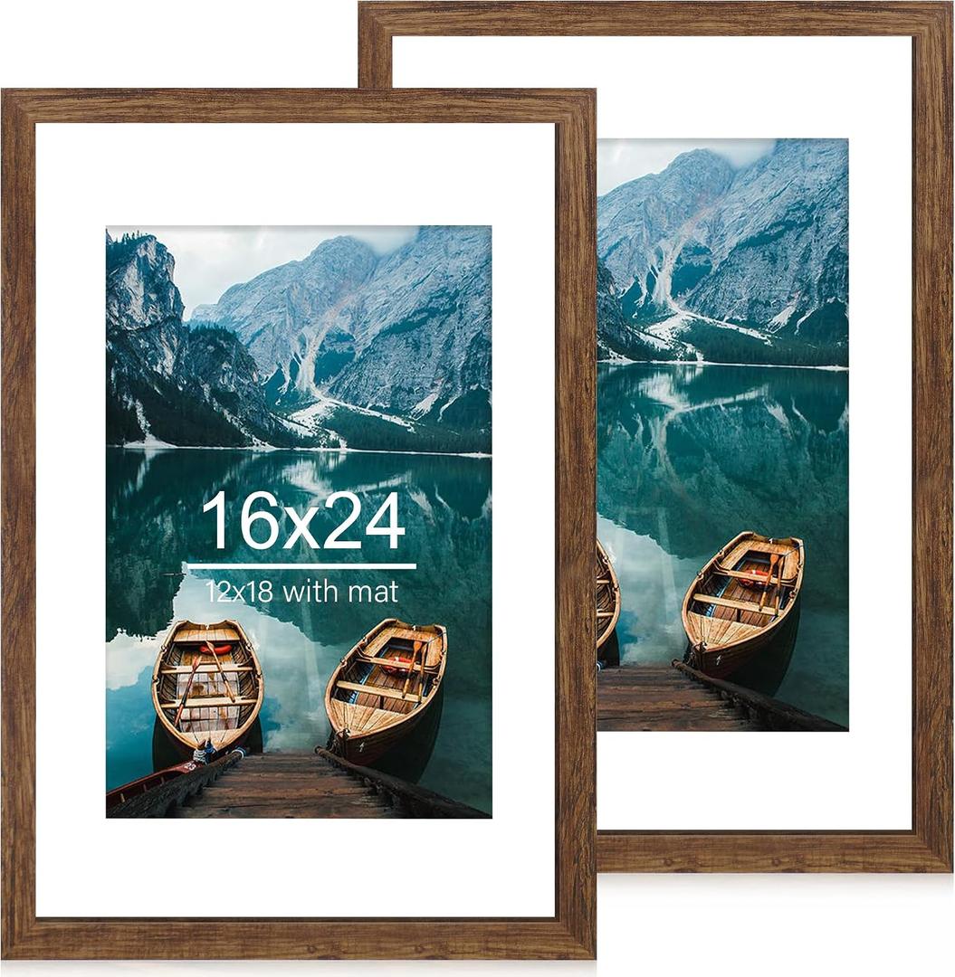 Hongkee 16x24 Frame Set of 2, Rustic Brown Wood Style - Display 16 x 24 Picture without Mat or 12x18 Picture with Mat, Wall Mounting Horizontal and Vertical