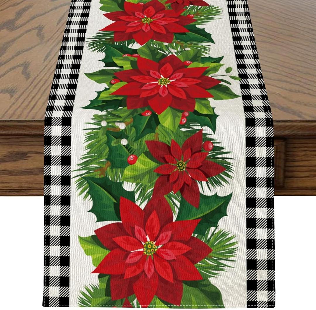 OTOSTAR Black and White Buffalo Check Plaid Holly Christmas Flowers Table Runner, Xmas Seasonal Winter Holiday Kitchen Dining Table Decoration for Home Party Decor 13x108 Inch