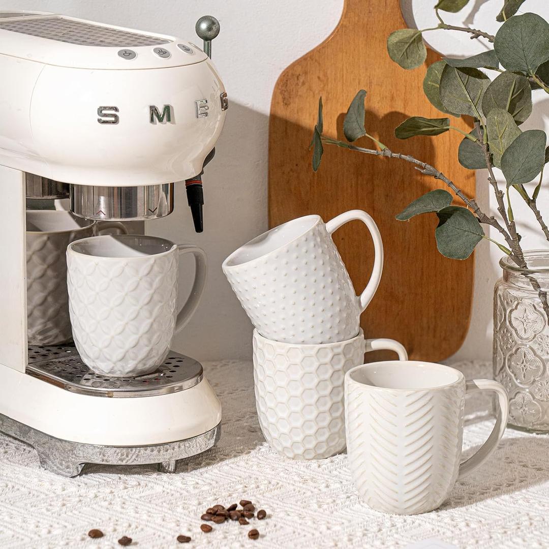 Ceramic Coffee Mugs Set of 4, 12oz Embossed Cups with Elegant Patterns  A Thoughtful Gift for Women, Mom, or Friends,Perfect for Tea, Latte, Cocoa (Arctic White, 12 OZ)