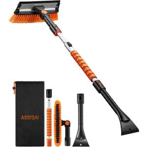 AstroAI 47.2" Ice Scrapers for Car Windshield, 3 in 1 Sturdy Snow Brush with Squeegee, 10 Adjustable Length Settings, Extendable Aluminum Handle, 180 Pivoting Snow Scraper for Car, Truck, SUV(Orange)