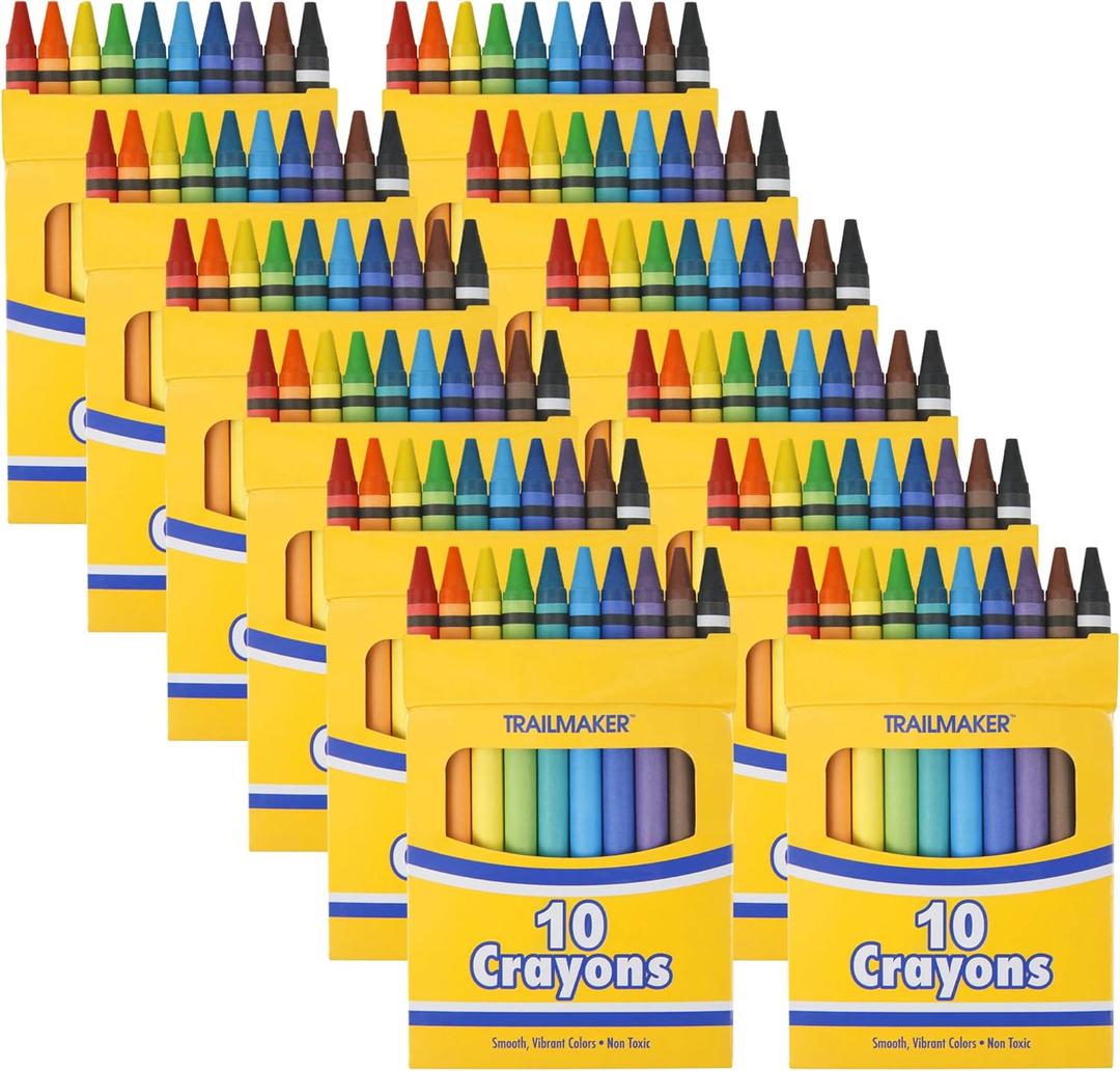 Trail maker 12 Pack Crayons - Wholesale Bright Wax Coloring Crayons in Bulk, 10 Per Box, 12 Box Bundle Art Set