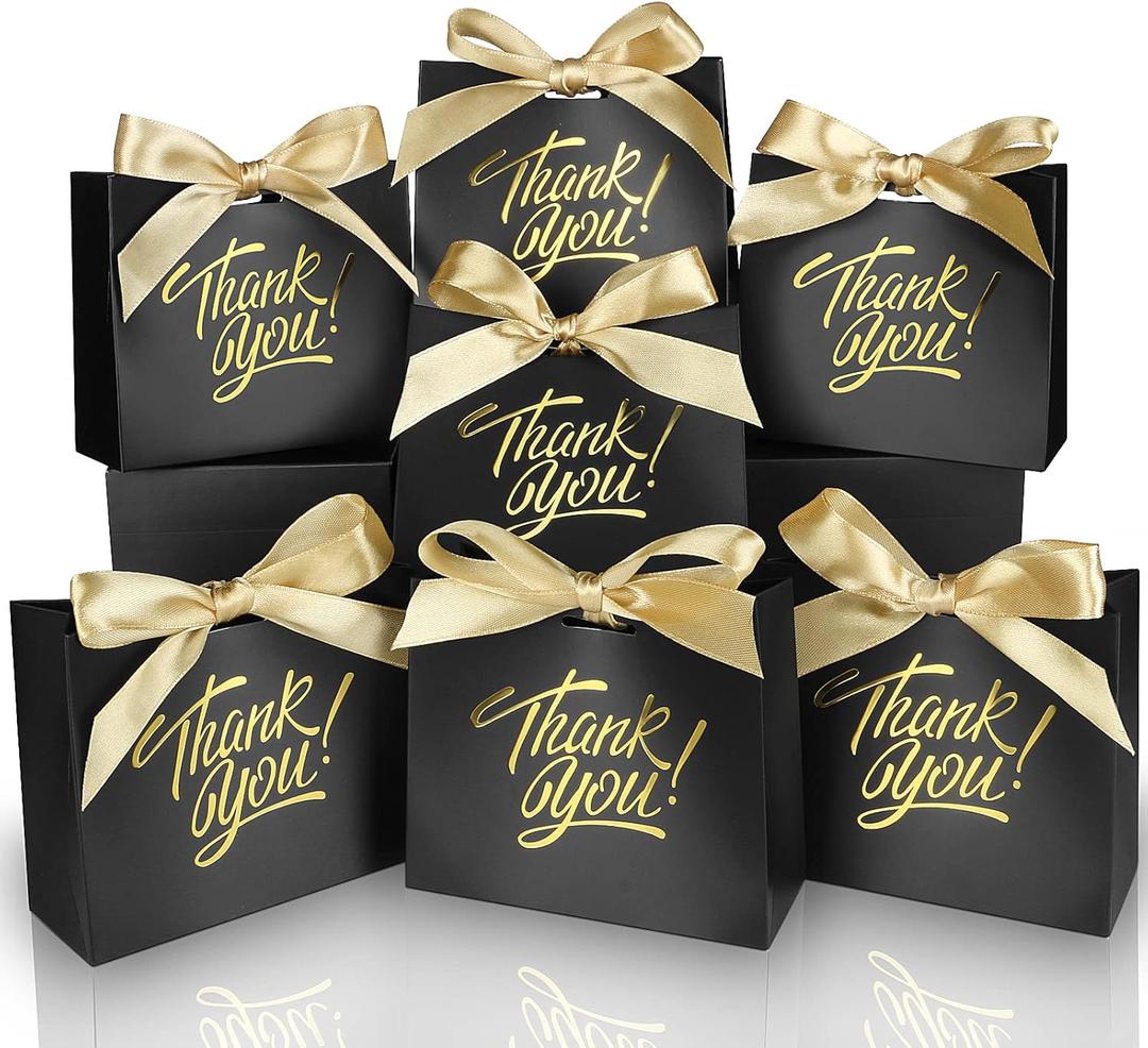 100 Pack Small Thank You Gift Bags, 4.5x1.8x3.9in Party Favor Bags Boxes with Bow Ribbon, Small Paper Gift Bags with Gold Foil Printed, Mini Candy Treat Bags for Birthday Wedding Party Holiday (Black)