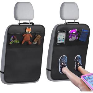 lebogner Back Seat Cover For Kids + 3 Pocket Storage Organizer, 2 Pack X-Large Waterproof Kick Mats Backseat Protector, Car Seat Back Protectors For Vehicles To Protect From Dirt, Mud & Scratches (Black)