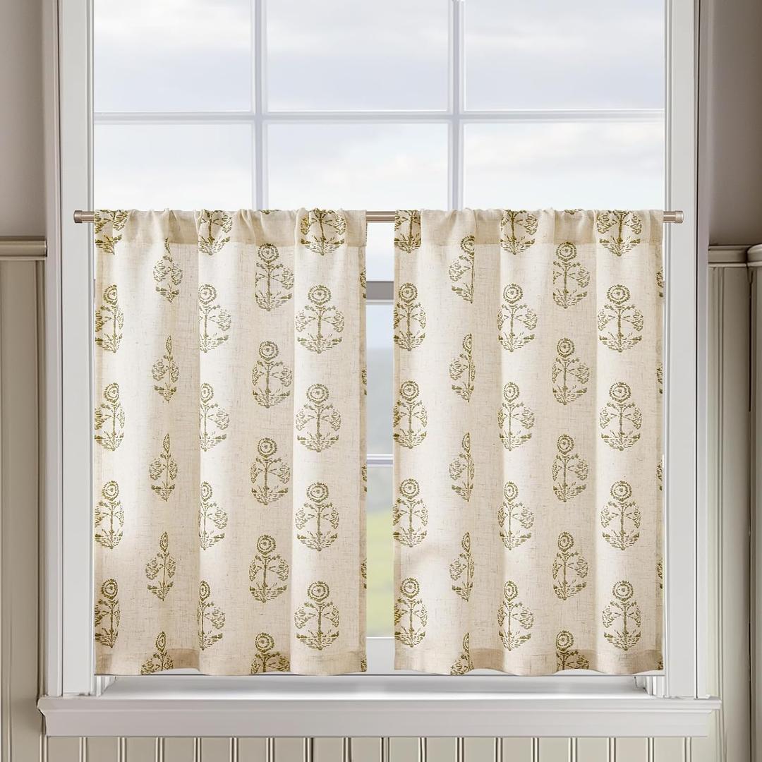 jinchan Linen Kitchen Curtains 24 Inch Floral Tier Curtains Farmhouse Cottage Core Flax Cafe Rod Pocket Country Small Window Drapes for Laundry Room Bathroom RV 2 Panels Sage Green on Beige