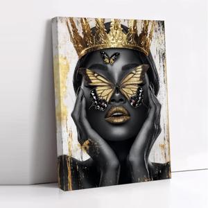 CCWORKERRY African American Wall Art Black Girl with Butterflies Canvas Pictures Black Women Painting Golden Crown Prints Art Bedroom Decor Framed(White,16L x 24W)