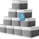 FoldTier 10 Pack Large Collapsible Fabric Storage Baskets with Handles Decorative Storage Bins for Organizing Shelves Toys Clothes(White & Gray,16 x 12 x 10 Inches)