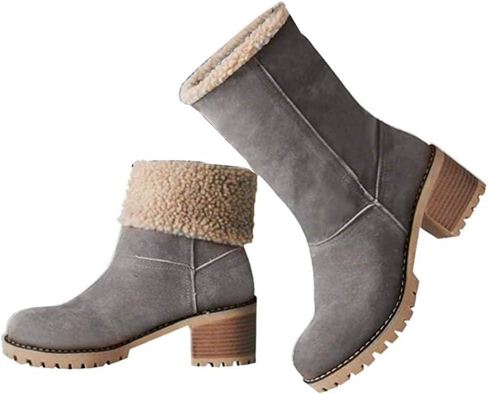 VIMISAOI Winter Boots for Women, Comfortable Slip On Mid Chunky Heel Suede Warm Snow Ankle Boots Outdoor Shoes (8, Grey)
