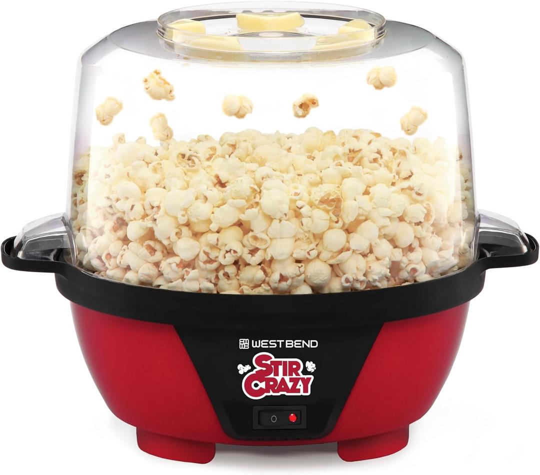 West Bend Stir Crazy Hot Oil Popcorn Popper, Popcorn Maker Machine with Large Serving Bowl Lid and Stirring Rod Perfect for Movie Night Snack Time or Parties, 6-Quart, Red West Bend Stir Crazy Hot Oil Popcorn Popper, Popcorn Maker Machine with Large Serving Bowl Lid and Stirring Rod Perfect for Movie Night Snack Time or Parties, 6-Quart, Red
