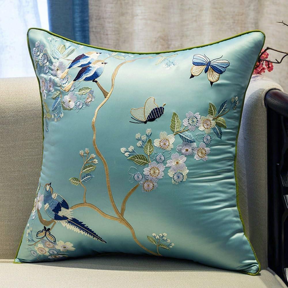 Satin Faux Silk Embroidery Throw Pillow Cover Silky Vintage Chinese Style Cushion Case Couch Bed Living Room Decor 18x18 Inch (Blue Green), Pack of 2