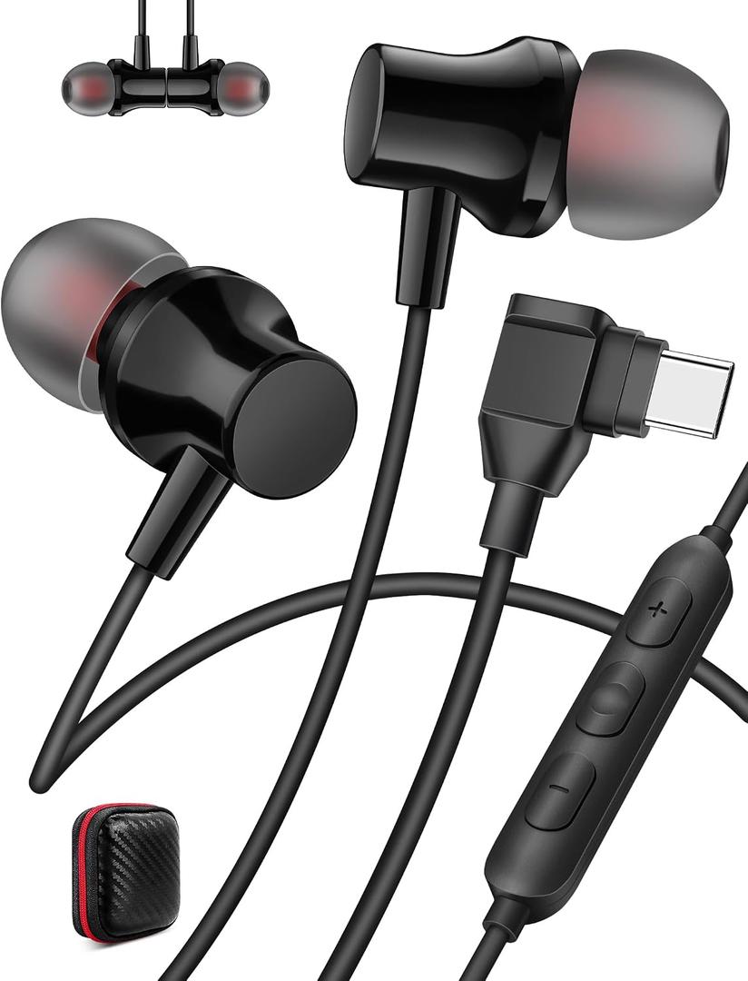 Jiunai Right Angle USB C Headphones with Mic Magnetic Type C Wired Earbuds | HiFi Stereo Sound, Magnetic Snap, Earphones for iPhone 17 16 15 Galaxy S26 for iPad, S M L Ear Tips, Work Music Commute Game