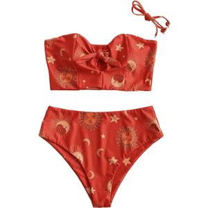 ZAFUL Women Ribbed Keyhole Tied High Waisted Bikini Spaghetti Straps Two Pieces Swimsuit Bathing Suit M