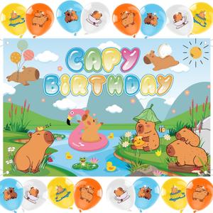 Capybara Birthday Party Backdrop Balloons - Including 1 Pcs Capy Birthday Backdrop(59x39.3 inch), 16 Pcs Colorful Balloons Decorations for Capybara Theme Animals Party Supplies Decor