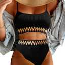 Lilosy High Waisted Tummy Control Ribbed Bikini Crop Top Brazilian Swimsuit Set 2 Piece (Large, Chevron Black)