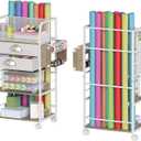 Rolling Craft Storage Cart with 2 Small Fabric Drawers & Lockable Wheels, DIY Organizer for Wrapping Paper, Paints, Brushes, Craft Supplies, Multi-Tier Craft Cart Tape Holder, 16.54x11.4x32.68 Inches