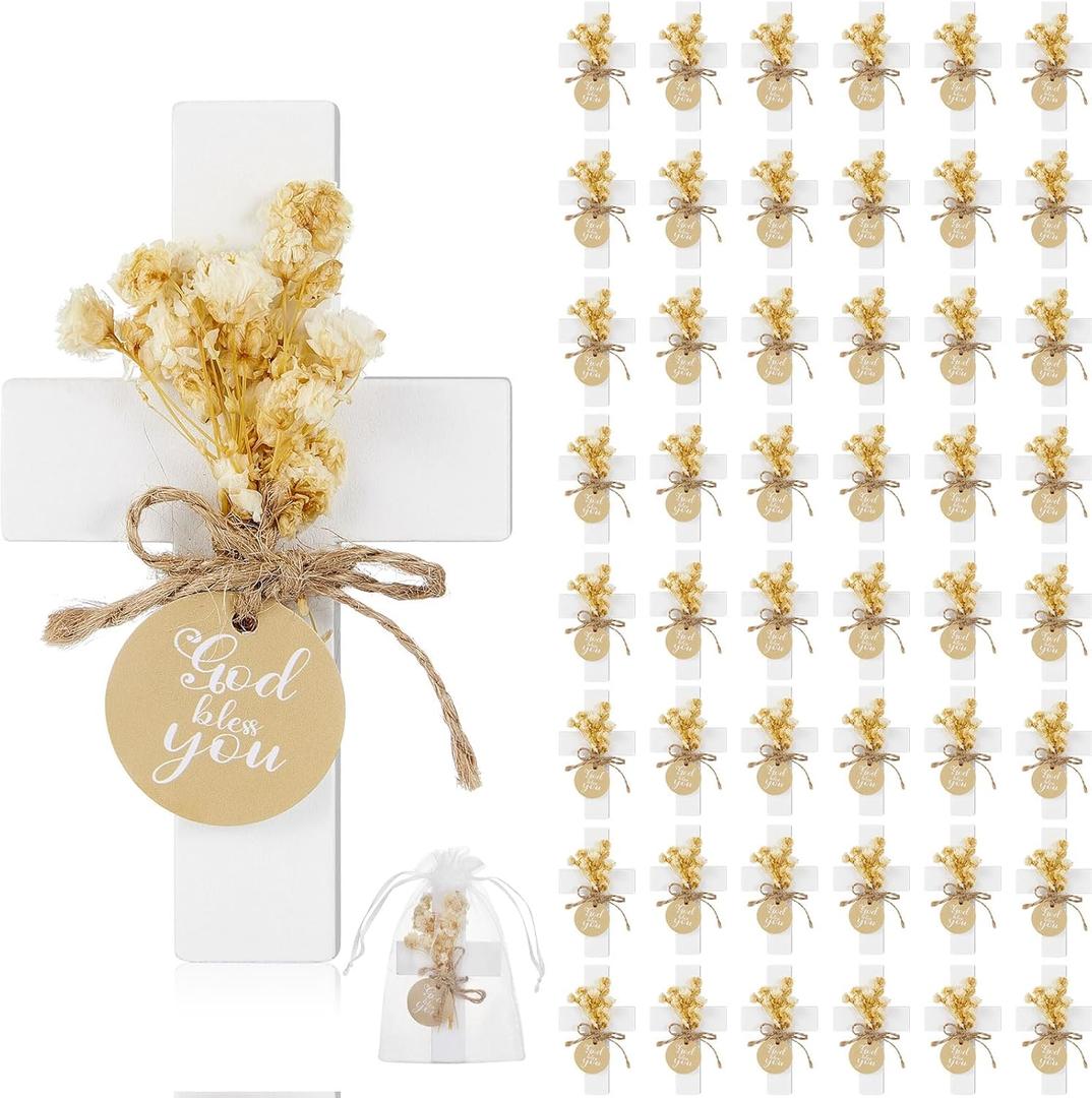 Flutesan 48 Sets Baptism Favors for Guests First Communion Wooden Cross Magnets with Flower and Bag for Baptism Party Decoration, Gathering, Baby Shower, Christen Souvenirs Gift (White) (Classic)