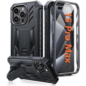 FNTCASE for iPhone 15-Pro-Max Case: Military Grade Drop Proof Rugged Protective Cell Phone Cover with Kickstand & Built-in Protector | Matte Textured Shockproof TPU Hybrid Bumper Cases (Black)