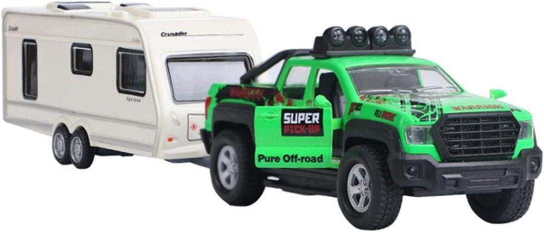 Pickup Truck Trailer Towing Toy Camper 2 in 1 Playset RV Motorhome Toys for Boys Diecast Model Car Metal Pull Back Toy Cars 1/36 Scale SUV Doors Open Light Sound Kids Birthday Gifts, Green