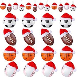 12 Pcs Christmas Sport Ball Ornaments for 2024 Christmas Tree Decoration 2.4" Soccer Basketball Football Baseball Ornaments with 12 Santa Hat for Holiday Xmas Home Decoration(Sport)