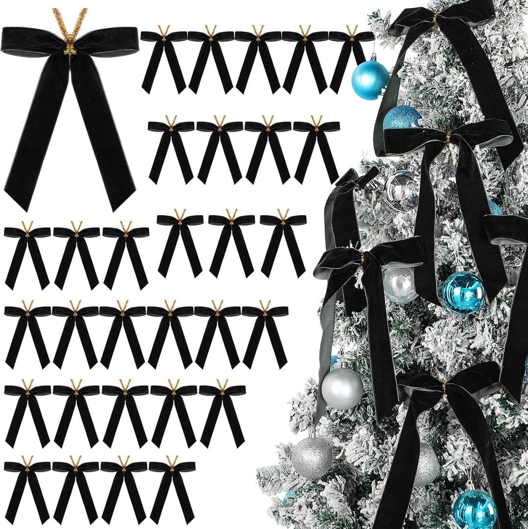 Riceshoot 30 Pcs Velvet Christmas Bow Decoration, 11 x 6.3 Inch Large Bows for Christmas Tree Gift, Xmas Ribbon Garland Ornaments for Wreath Garland Gift Wrapping Crafts Wedding Party(Black)