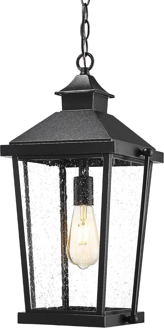 zeyu 19.7 Inch Motion Sensor Outdoor Ceiling Pendant Light, 360 Exterior Hanging Light Fixture Black, 3 Lighting Modes, Aluminum with Seeded Glass Shade, ZW105H-M-SE BK