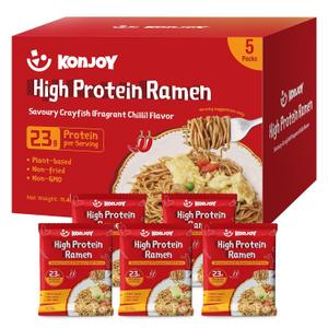 KONJOY High Protein Ramen Noodles(23g), Fit Protein Toss Noodles Savory Crayfish Chili Flavor, Plant-Based, Non Fried, Low Fat, Vegan Healthy Meal, 5 Pack (EXP 10/13/27)