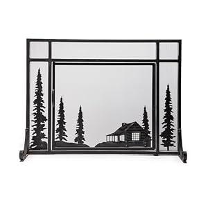 Plow & Hearth Metal Fireplace Screen Cabin Black | 44" W x 33" H | Magnetic Hinged Door | Spark Guard Cover | Stand Alone Wrought Iron Panel Fire Place Cover