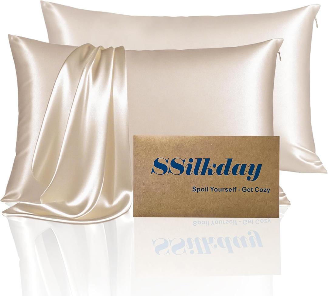 Mulberry Silk Pillow Cases 2 Pack Standard Size with Zipper, Ultra Smooth Soft Breathable Cooling Pillow Cases for Hot Sleepers, Silk Satin Pillowcase for Hair and Skin Set of 2, Gifts for Women