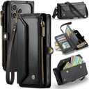 WAWZ for iPhone 17 Pro Max Case, Women Men Multi-Function Wallet Case with Stand RFID Blocking Featuring Magnetic Closure Zipper Includes Shoulder Strap Wrist Strap (Black)