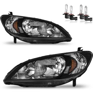 Headlights Assembly for 2004-2005 Honda Civic 2/4Door Headlamp Replacement Black Housing Amber Reflector Driver & Passenger Side (Black | With High & Low Beam Bulbs)